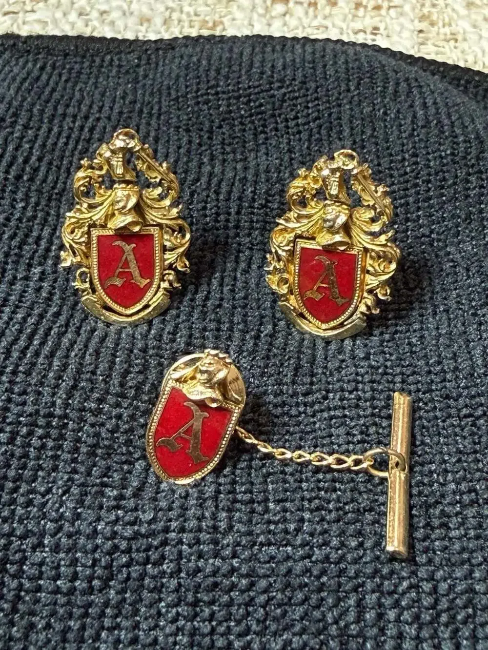 Vintage Gold Tone Red Enamel Initial Letter A Heraldic Crest Cufflinks and Tie T